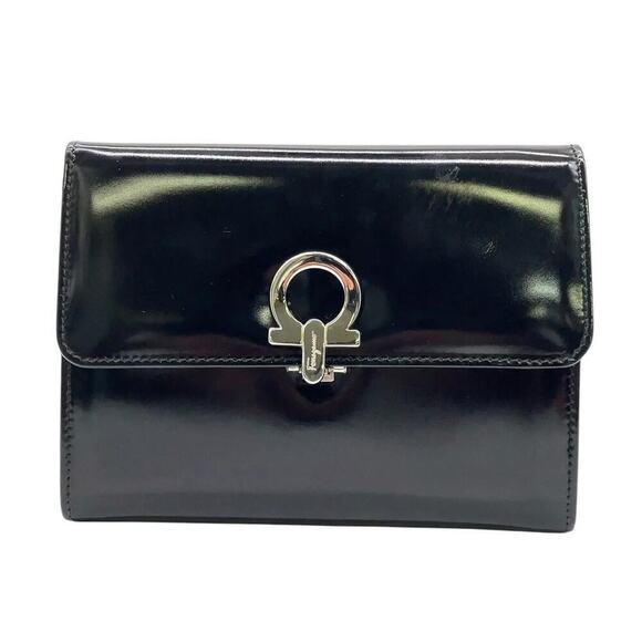 Salvatore Ferragamo Gancini Patent leather Black Mini Clutch Bag W/Box - Picture 1 of 15